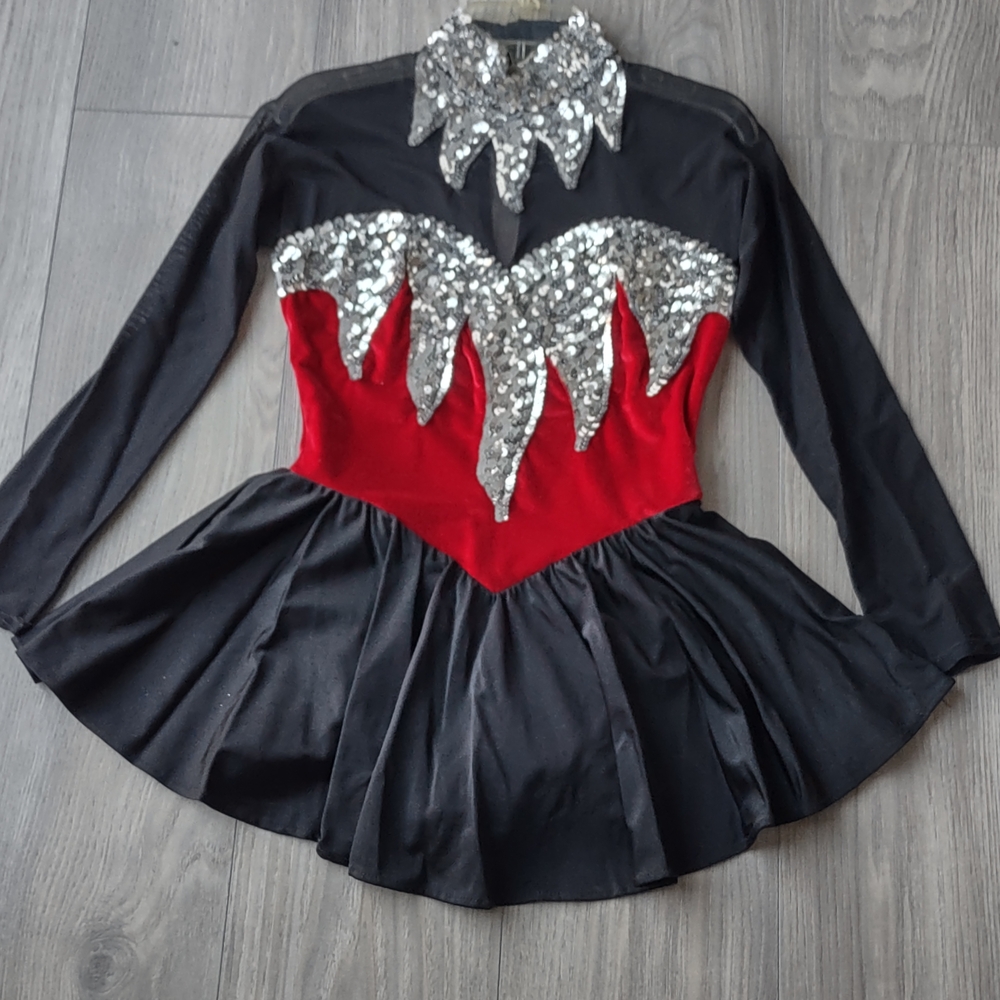 Small Junior Black and Red Sequin Figure Skating Dress with Silver Appliqué